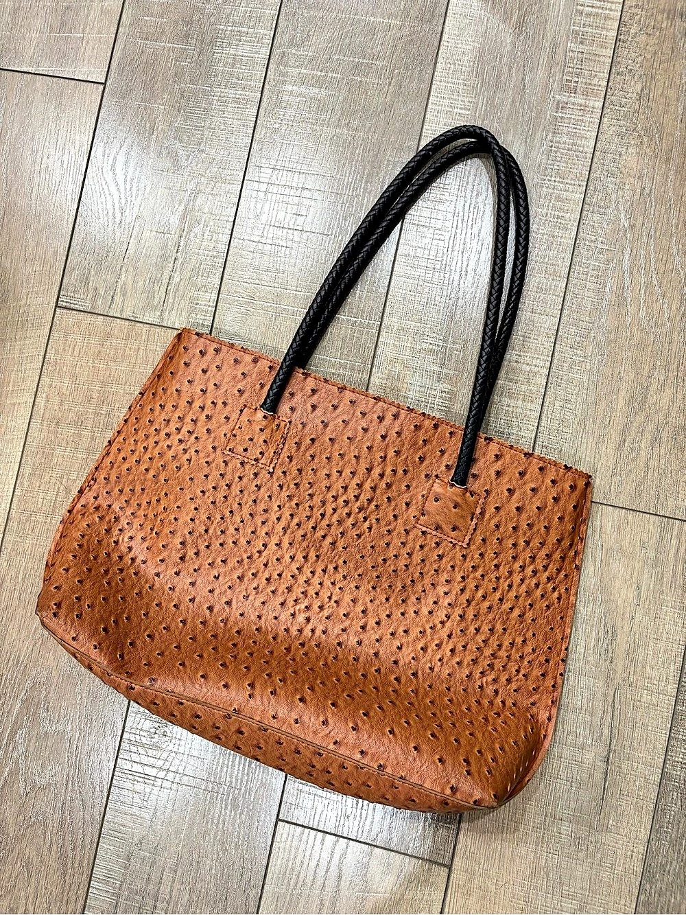 Ostrich-Embossed Tote in Brown & Black